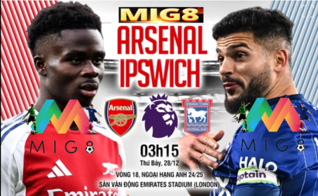 Arsenal vs Ipswich vòng 18 Ngoại hạng Anh 2024/25.